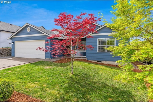 view of front of house featuring a garage, covered porch, a front yard, and concrete driveway