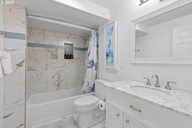 full bathroom with vanity, shower / bathtub combination with curtain, and toilet