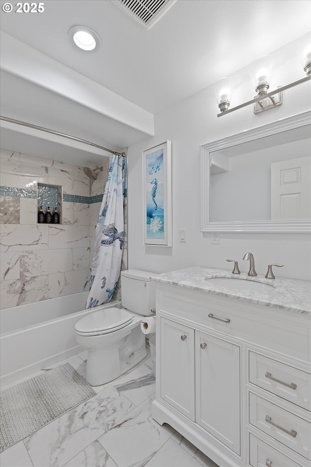 full bathroom with vanity, toilet, and shower / bath combo with shower curtain