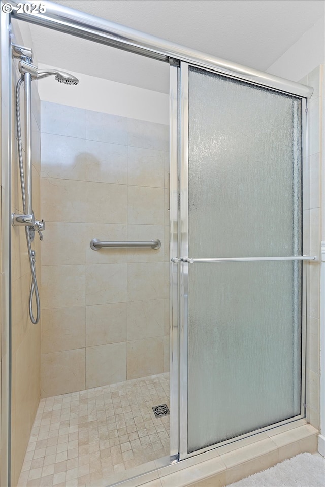 bathroom featuring a shower with shower door