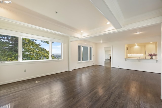 616 NW Westover Ter, Portland, OR 97210 - unfurnished living room featuring ornamental molding, dark wood-style floors, beamed ceiling, baseboards, and recessed lighting