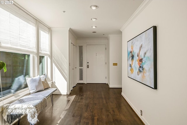 616 NW Westover Ter, Portland, OR 97210 - hallway featuring wood finished floors, ornamental molding, baseboards, and recessed lighting