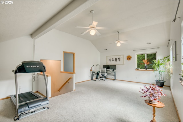 5200 NW 168th Pl, Portland, OR 97229 - workout room with lofted ceiling, carpet flooring, ceiling fan, and baseboards
