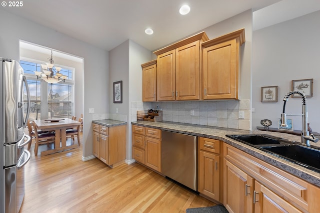 kitchen featuring sink, tasteful backsplash, a chandelier, appliances with stainless steel finishes, and light hardwood / wood-style floors