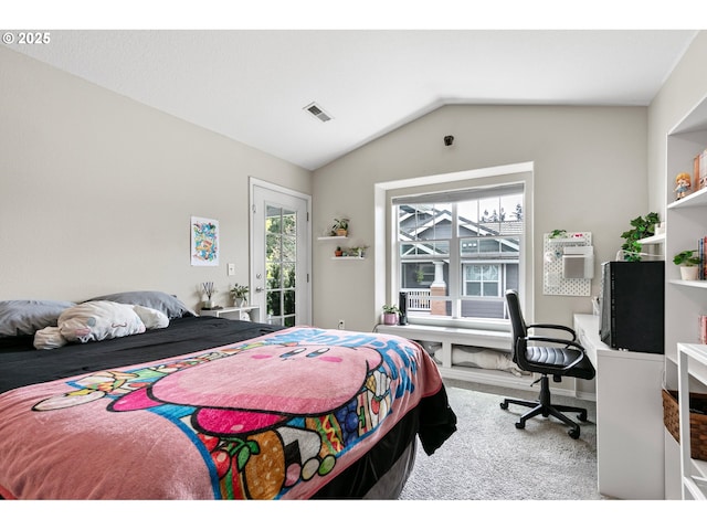 bedroom with visible vents, carpet flooring, lofted ceiling, and access to exterior