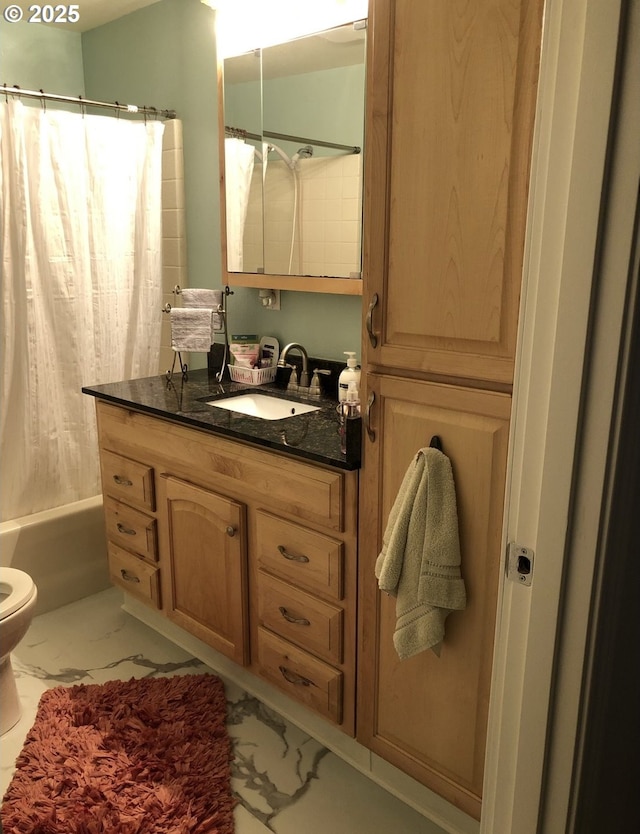 335 Kourt Dr, Eugene, OR 97404 - bathroom featuring vanity, shower / bath combination with curtain, and marble look tile flooring