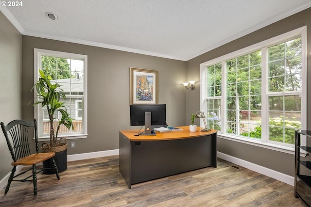 office area with crown molding and hardwood / wood-style floors