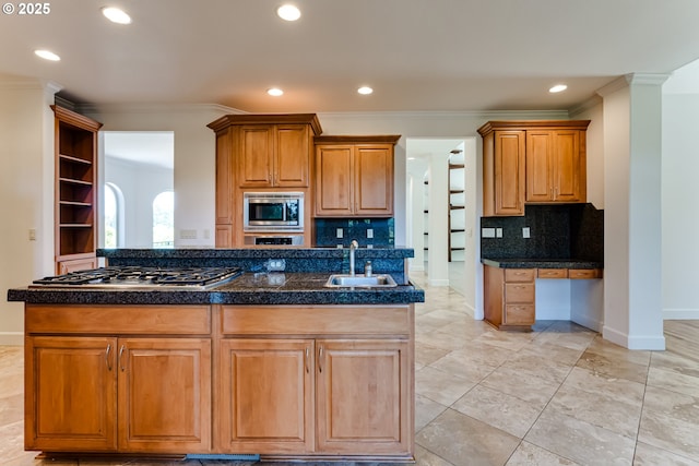 3169 Tanner Park Dr, Eugene, OR 97405 - kitchen with appliances with stainless steel finishes, tasteful backsplash, recessed lighting, ornamental molding, and a center island