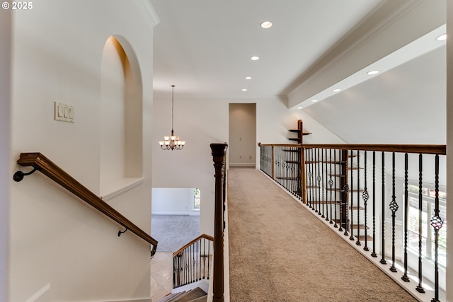3169 Tanner Park Dr, Eugene, OR 97405 - hall featuring recessed lighting, a chandelier, an upstairs landing, and carpet floors