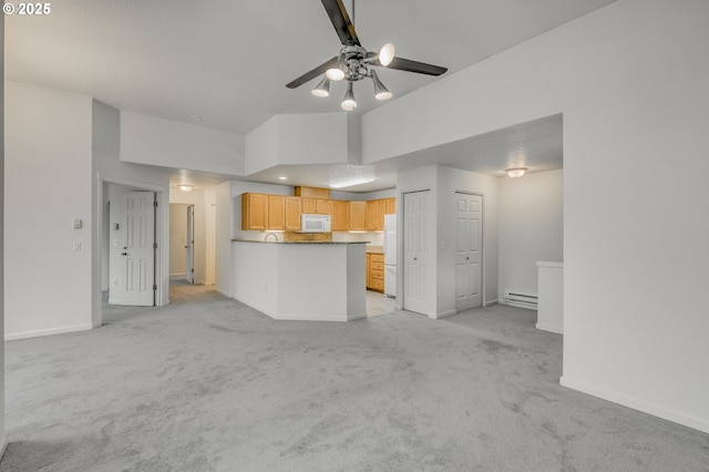 unfurnished living room with ceiling fan, light colored carpet, and a baseboard radiator