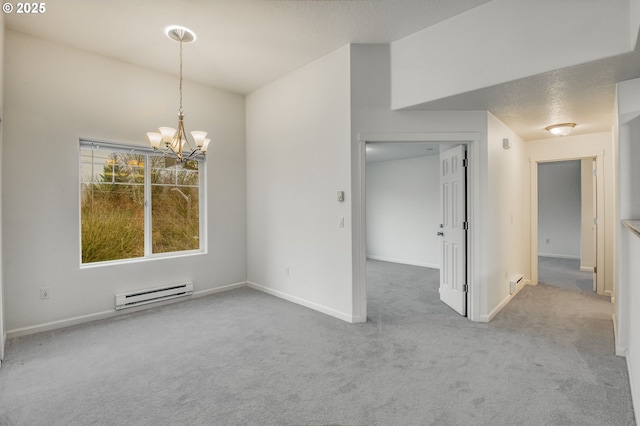 empty room featuring carpet, an inviting chandelier, a textured ceiling, and a baseboard radiator