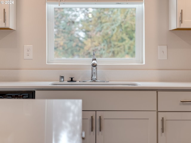 interior space featuring sink, white dishwasher, and white cabinetry