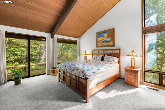3820 SW Scholls Ferry Rd, Portland, OR 97221 - bedroom with beamed ceiling, visible vents, wood ceiling, and carpet
