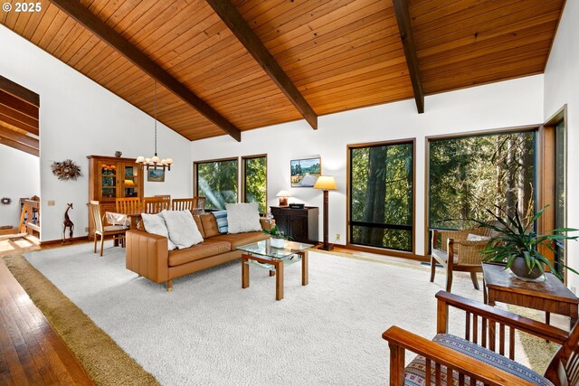 3820 SW Scholls Ferry Rd, Portland, OR 97221 - living room with a notable chandelier, wooden ceiling, beam ceiling, and hardwood / wood-style flooring