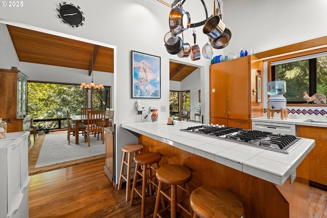 3820 SW Scholls Ferry Rd, Portland, OR 97221 - kitchen with brown cabinetry, wood finished floors, a wealth of natural light, and stainless steel gas stovetop