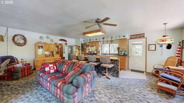 84932 Straw Springs Ln, Milton-Freewater, OR 97862 - living area with ceiling fan, light colored carpet, and light tile patterned floors
