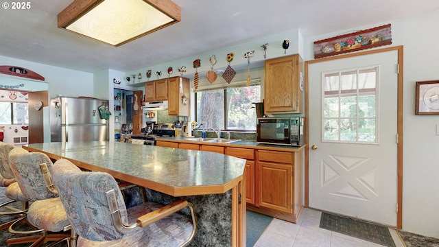 84932 Straw Springs Ln, Milton-Freewater, OR 97862 - kitchen with stainless steel appliances, a sink, extractor fan, light tile patterned flooring, and a kitchen bar