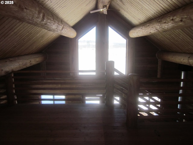 details featuring wood ceiling, ceiling fan, and beam ceiling