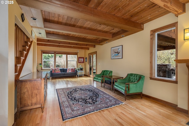16637 Keasey Rd, Vernonia, OR 97064 - sitting room with light wood-type flooring, a wood ceiling with exposed beams, and stairway