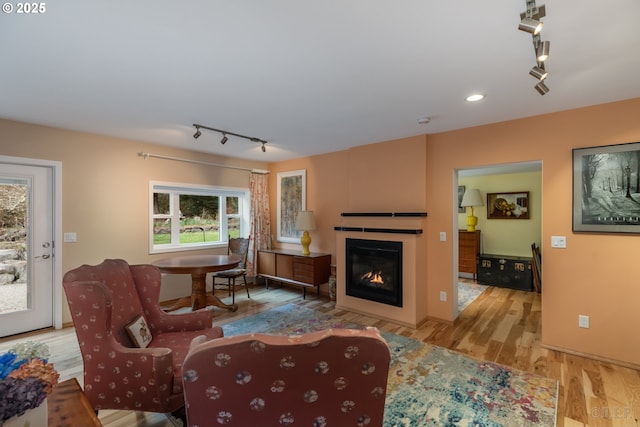 16637 Keasey Rd, Vernonia, OR 97064 - living room featuring rail lighting, wood finished floors, a glass covered fireplace, and recessed lighting
