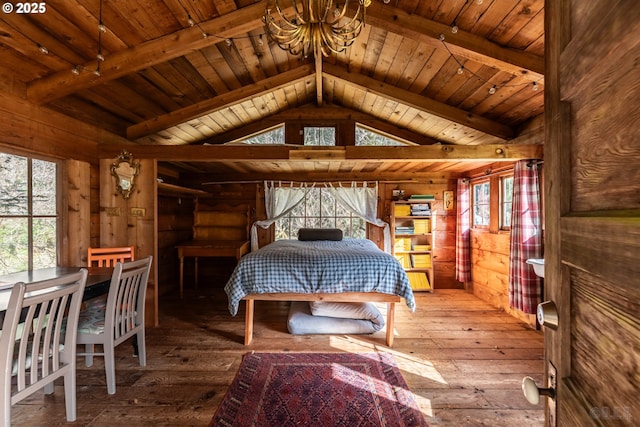 16637 Keasey Rd, Vernonia, OR 97064 - bedroom featuring wooden ceiling, hardwood / wood-style floors, wood walls, and a chandelier