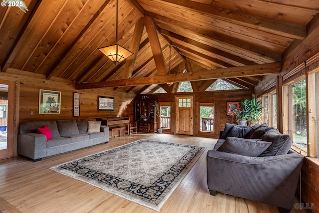 16637 Keasey Rd, Vernonia, OR 97064 - living area with wooden walls, wood finished floors, a wood ceiling with exposed beams, and high vaulted ceiling