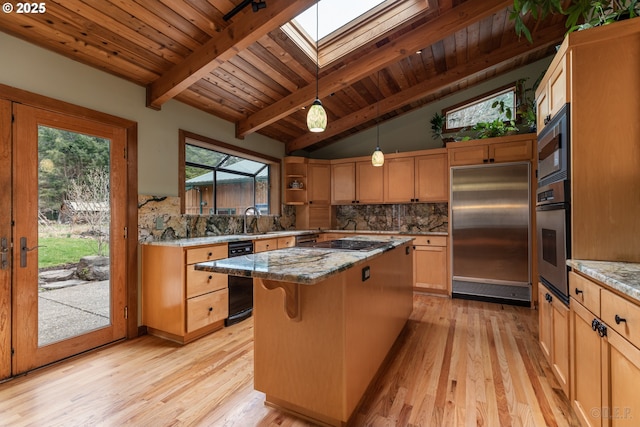 16637 Keasey Rd, Vernonia, OR 97064 - kitchen with built in appliances, wooden ceiling, light wood-type flooring, backsplash, and a kitchen island