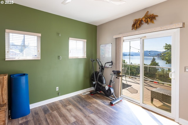 exercise area featuring a water and mountain view and wood-type flooring