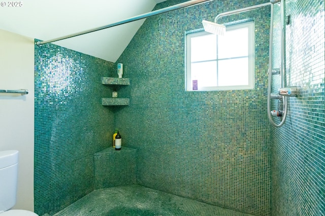 bathroom with lofted ceiling, toilet, and a tile shower