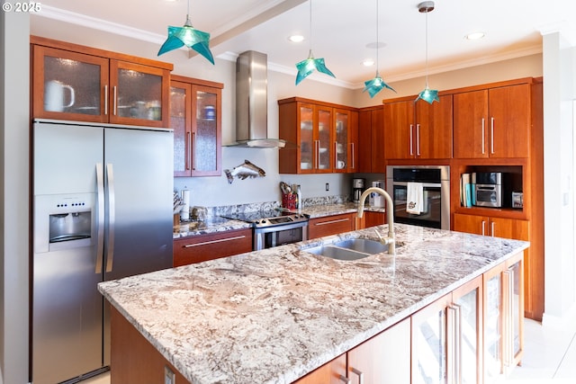 kitchen featuring appliances with stainless steel finishes, sink, a kitchen island with sink, light stone countertops, and wall chimney range hood