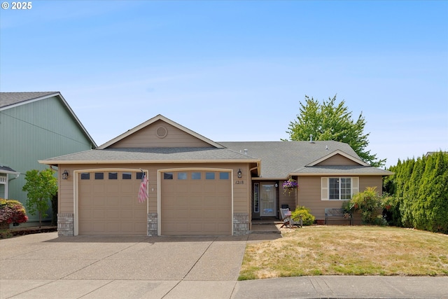 1218 Mt View Ln, Molalla, OR 97038 - ranch-style house featuring a garage, concrete driveway, a front yard, and roof with shingles