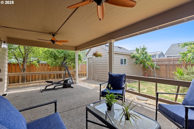 1218 Mt View Ln, Molalla, OR 97038 - fenced backyard with ceiling fan, a shed, and a patio area