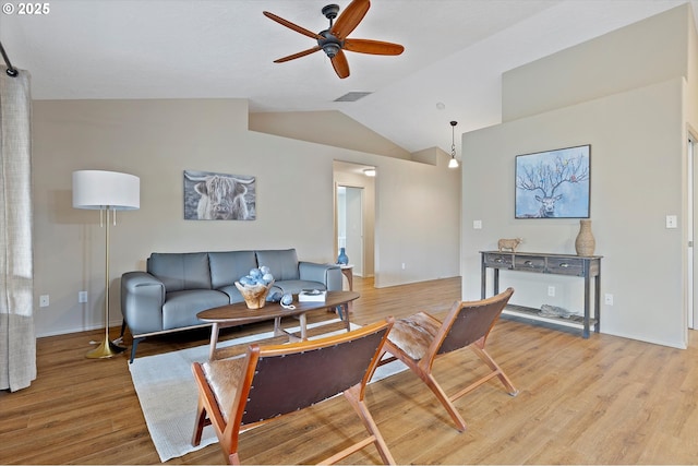 1218 Mt View Ln, Molalla, OR 97038 - living area with vaulted ceiling, a ceiling fan, and light wood-type flooring