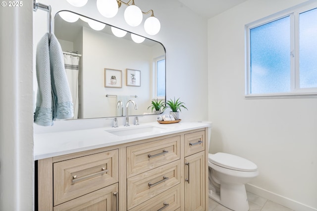 full bath featuring baseboards, toilet, a shower with curtain, tile patterned floors, and vanity