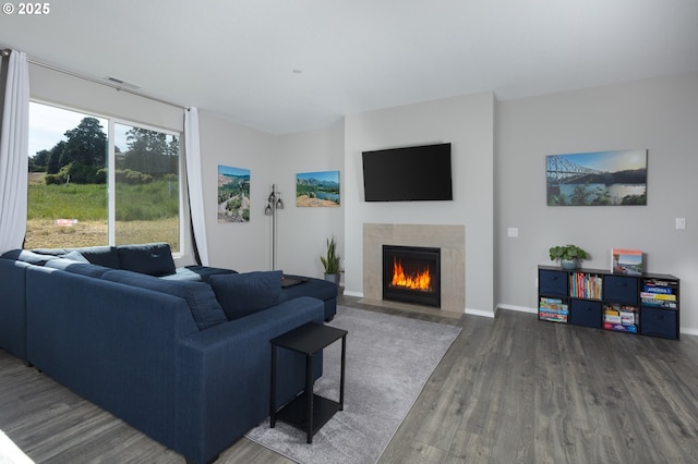 living room with hardwood / wood-style flooring and a premium fireplace