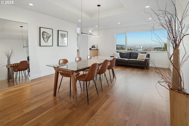 dining area featuring a tray ceiling and hardwood / wood-style floors