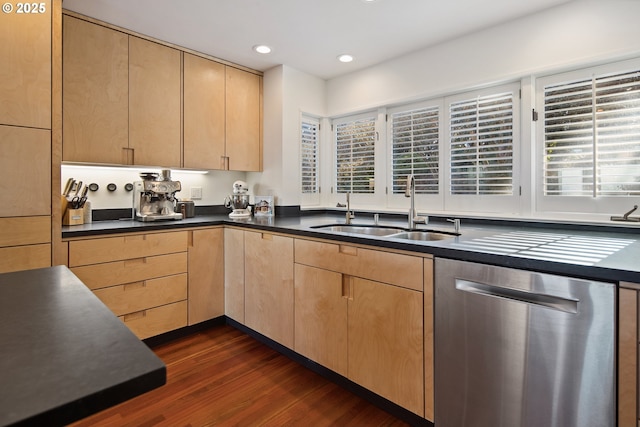 kitchen with light brown cabinetry, sink, and stainless steel dishwasher