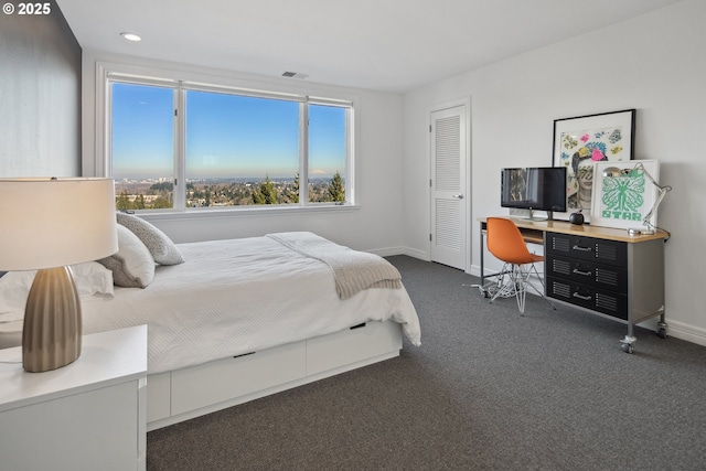 bedroom with a closet and dark colored carpet