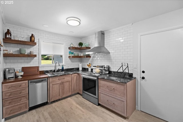 1637 Camino Dr, Forest Grove, OR 97116 - kitchen featuring stainless steel appliances, wall chimney exhaust hood, open shelves, and a sink