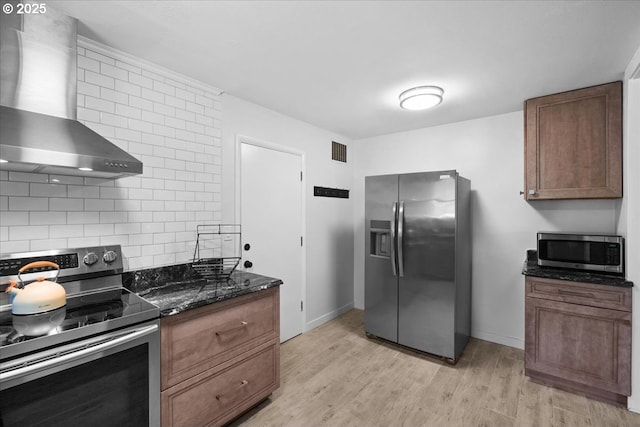 1637 Camino Dr, Forest Grove, OR 97116 - kitchen with appliances with stainless steel finishes, wall chimney exhaust hood, light wood-style flooring, backsplash, and dark stone counters