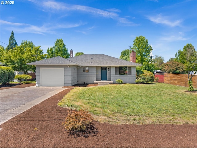 1637 Camino Dr, Forest Grove, OR 97116 - ranch-style home featuring concrete driveway, an attached garage, a chimney, and a shingled roof