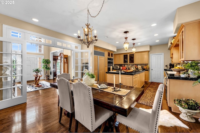 3420 SE 144th Ct, Vancouver, WA 98683 - dining area with a chandelier, recessed lighting, dark wood finished floors, and french doors