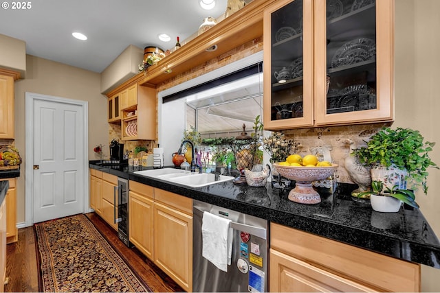 3420 SE 144th Ct, Vancouver, WA 98683 - kitchen featuring a sink, tile countertops, tasteful backsplash, light brown cabinets, and recessed lighting