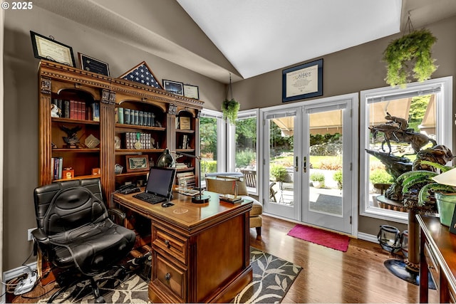 3420 SE 144th Ct, Vancouver, WA 98683 - home office with french doors, lofted ceiling, wood finished floors, and baseboards