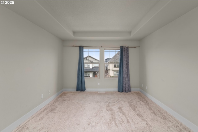 carpeted empty room with a tray ceiling