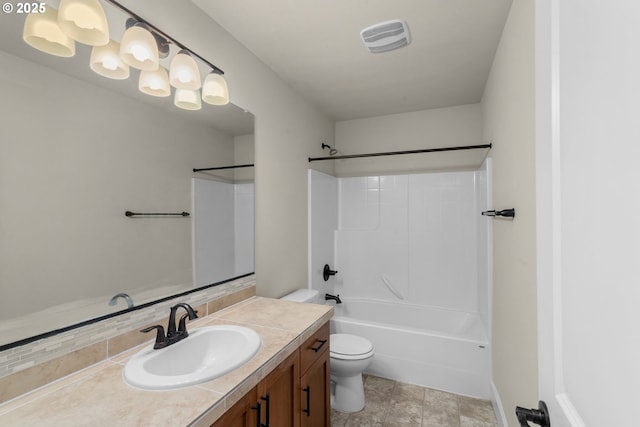 full bathroom featuring toilet, shower / washtub combination, and vanity