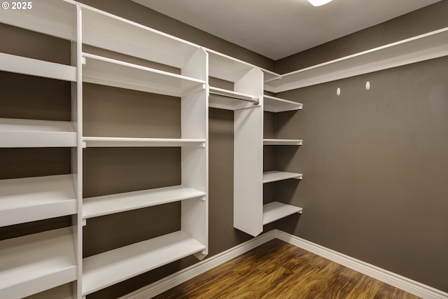 spacious closet with dark wood finished floors