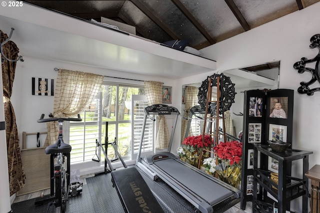 workout area featuring carpet flooring and lofted ceiling