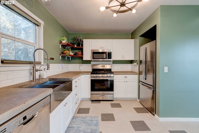 kitchen with stainless steel appliances, sink, white cabinets, and backsplash