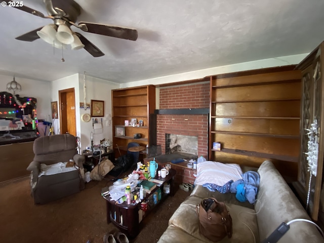 35001 Seavey Loop Rd, Eugene, OR 97405 - living room with carpet flooring, a ceiling fan, and a fireplace
